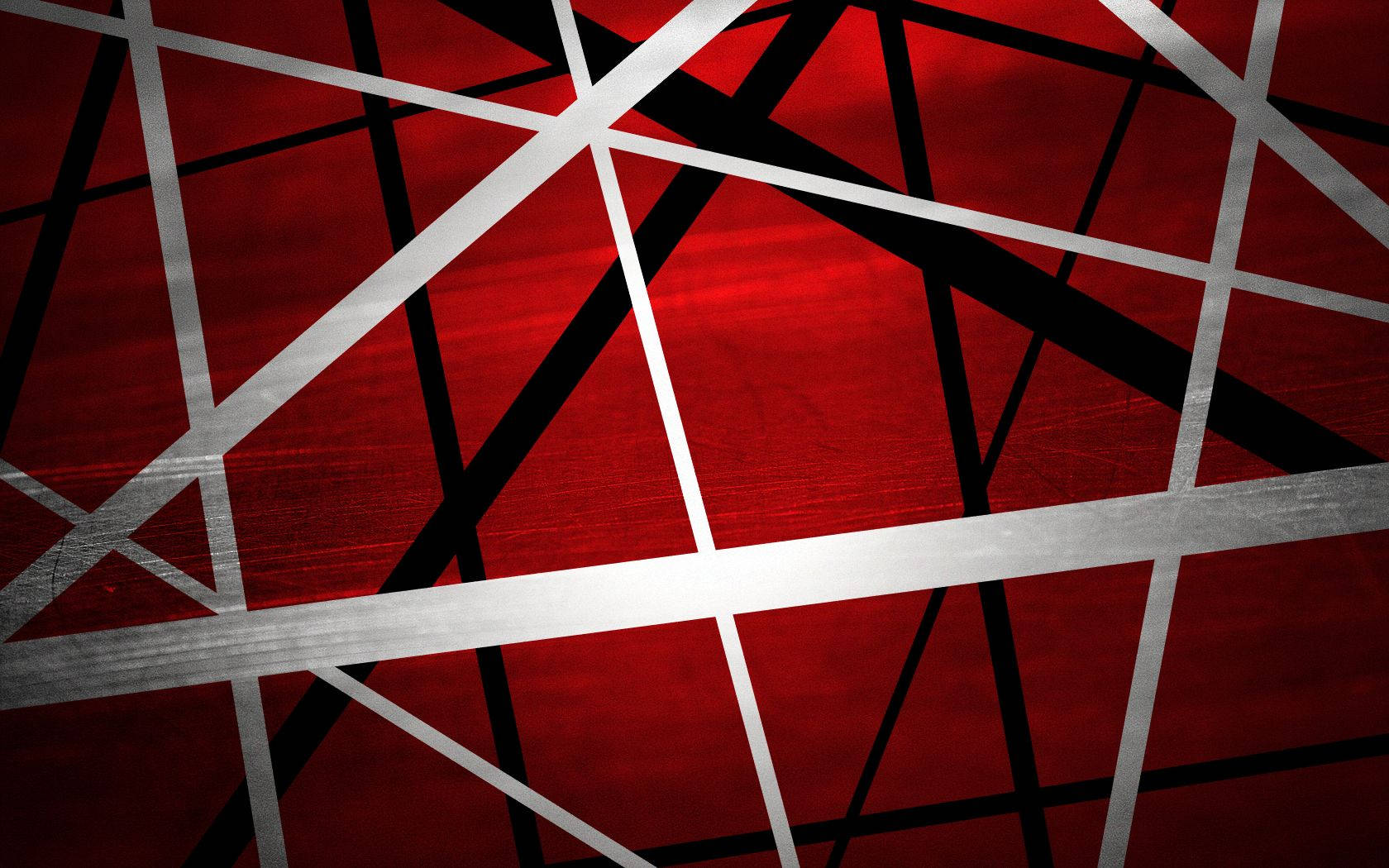 Van Halen 樂隊 Frankenstrat 吉他 壁紙 — 充滿活力的紅色紋理背景，被大膽的銀色和黑色幾何線條交錯，形成動態的抽象圖案。