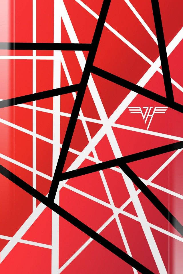 Van Halen 樂隊 Frankenstrat 吉他 壁紙 — 充滿活力的紅色背景，被大膽的黑白交叉線條切割，帶有風格化的VH標誌。