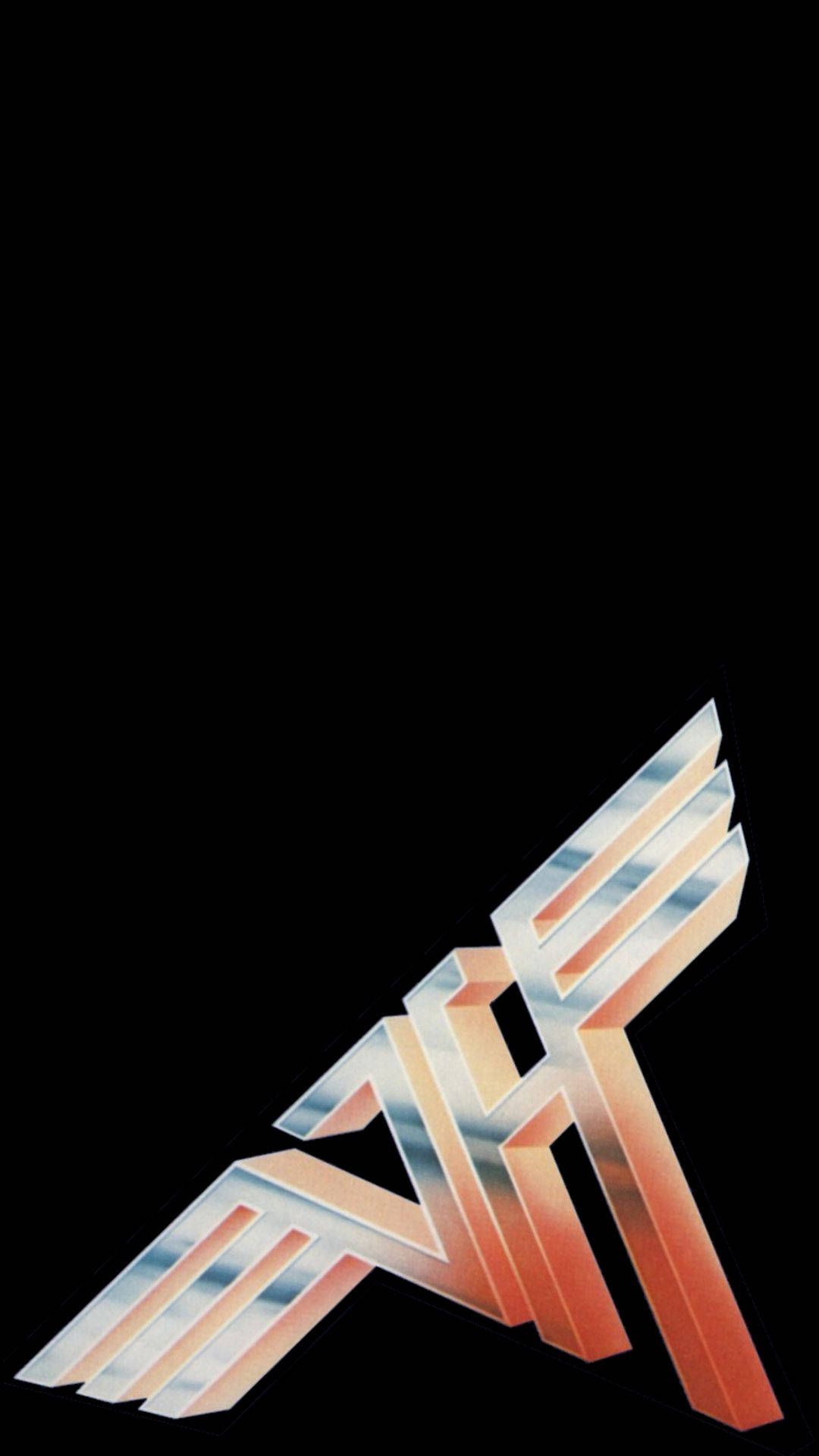 Van Halen 樂隊 標誌 壁紙 — 一個風格化的幾何標誌，帶有金屬漸變翅膀，在純黑色背景上發光。