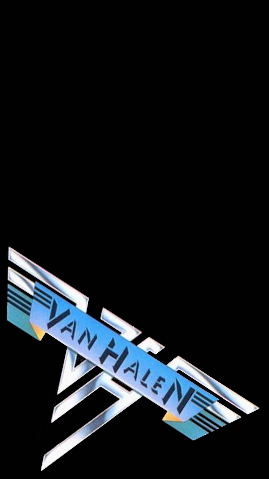Van Halen 樂隊 標誌（銀色金屬） 壁紙 — 黑色背景上帶有金屬藍色和銀色幾何條紋的 Van Halen 標誌。