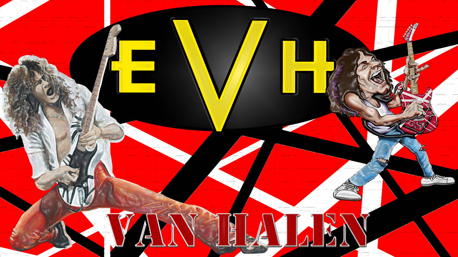 Van Halen 樂隊 漫畫風格 壁紙 — 兩位漫畫風格的結他手以動態姿勢，在紅白黑條紋背景上襯托出醒目的 EVH 標誌。