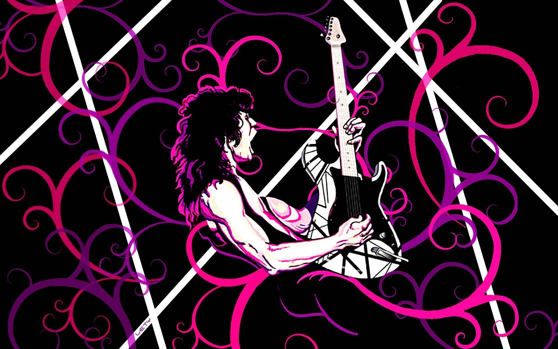 Van Halen 樂隊 藝術作品 壁紙 — 一位風格化的結他手，捲髮，在黑色背景上演奏白色電結他，背景有粉紫色漩渦和白色對角線。