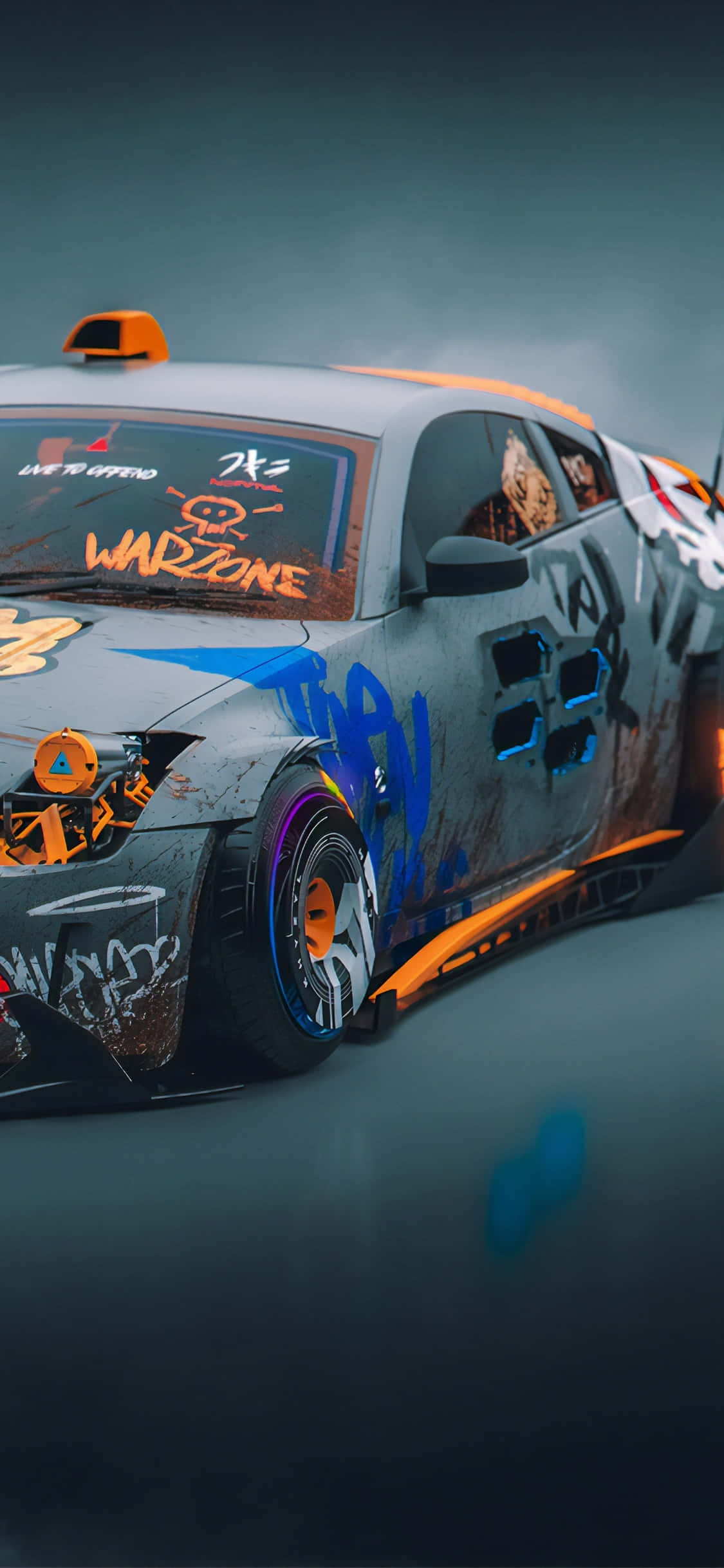 Vandal Art 裝飾的 Nissan 350Z iPhone 壁紙 — 一輛佈滿塗鴉的飄移車，帶有橙色點綴和發光輪胎，在黑暗潮濕的道路上行駛時冒煙。