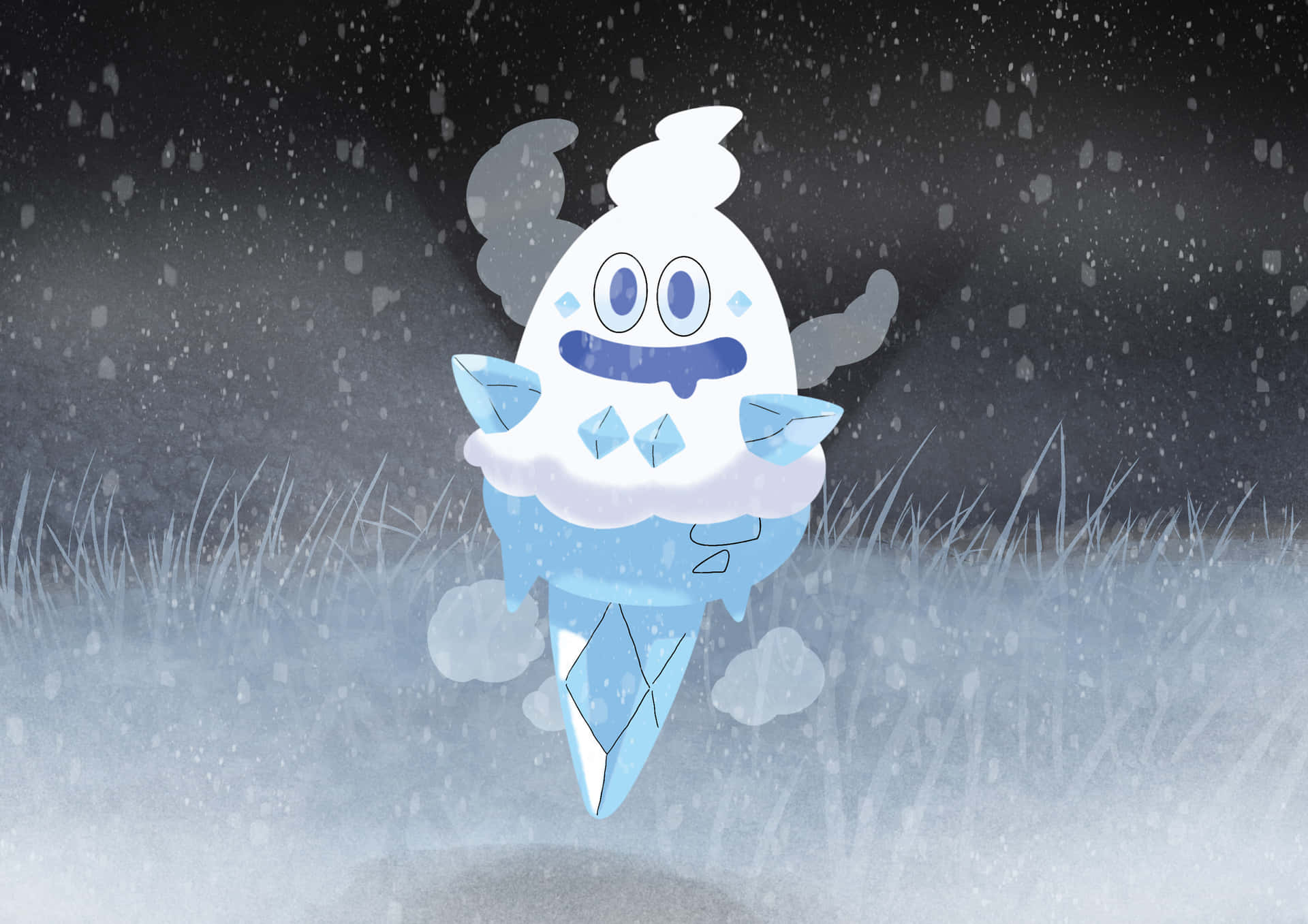 Vanillish 站立於雪地草地上 壁紙 — 一個可愛的雪糕筒寶可夢在黑暗的天空下飄浮在雪地上，雪花飄落。