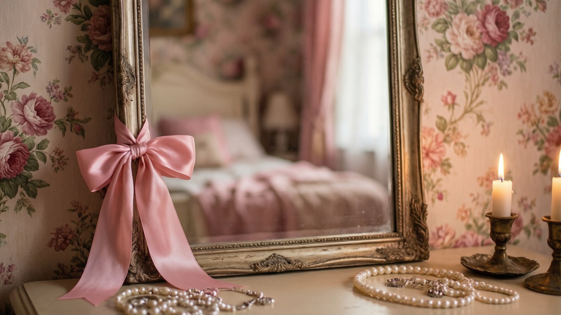 Vintage mirror with pink bow and lit candles on dresser in floral bedroom. 壁紙