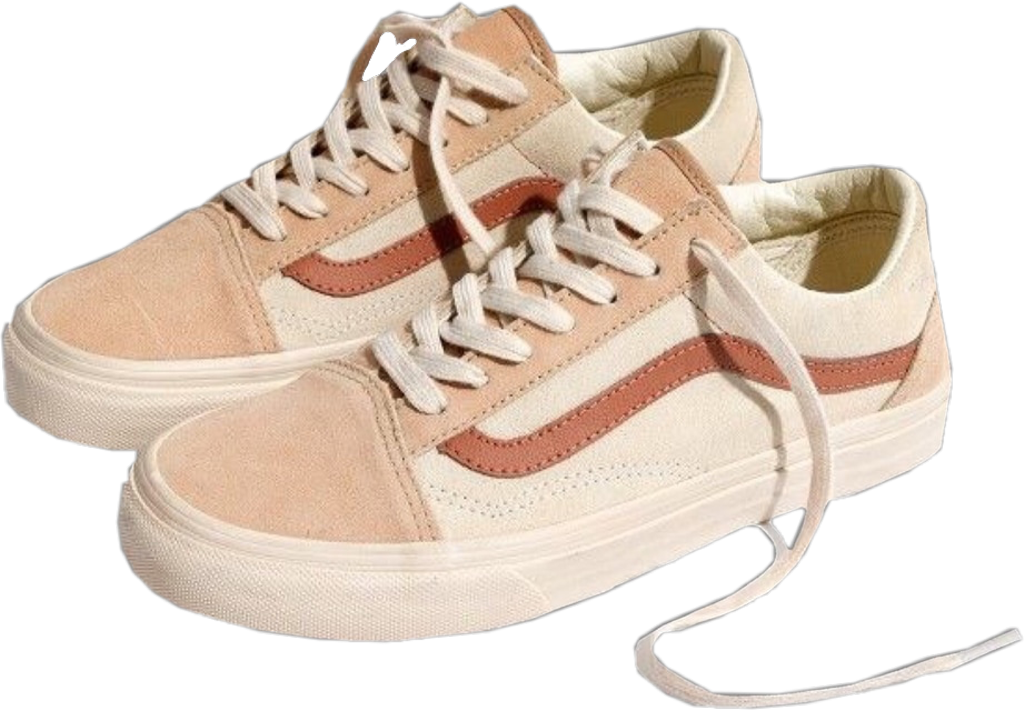 米色 Vans 運動鞋（隔離展示） 壁紙 — 一對米色麂皮Vans運動鞋，配白色鞋帶和鏽色條紋，黑色背景。