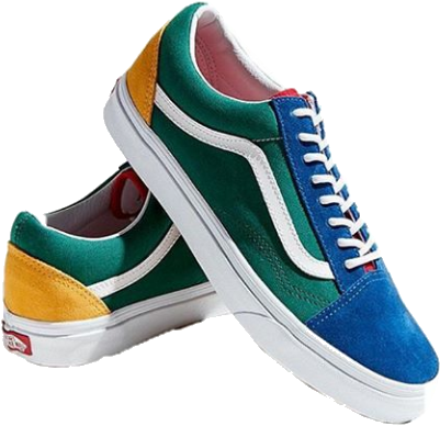 彩色 Vans 運動鞋分離展示 壁紙 — 充滿活力的多色 Vans Old Skool 運動鞋，帶有藍綠色、黃色和白色點綴，在黑色背景上孤立展示。