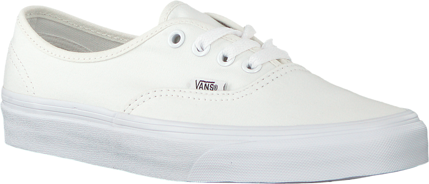 白色Vans Authentic運動鞋 壁紙 — 一雙純白色的Vans運動鞋，帶有乾淨的縫線和經典標誌，襯托在純黑色背景上。