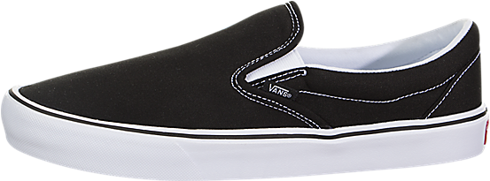 黑色 Vans Classic Slip-On 運動鞋 壁紙 — 一雙時尚的黑色Vans懶人運動鞋，帶有白色縫線和鞋底，置於潔白背景前。