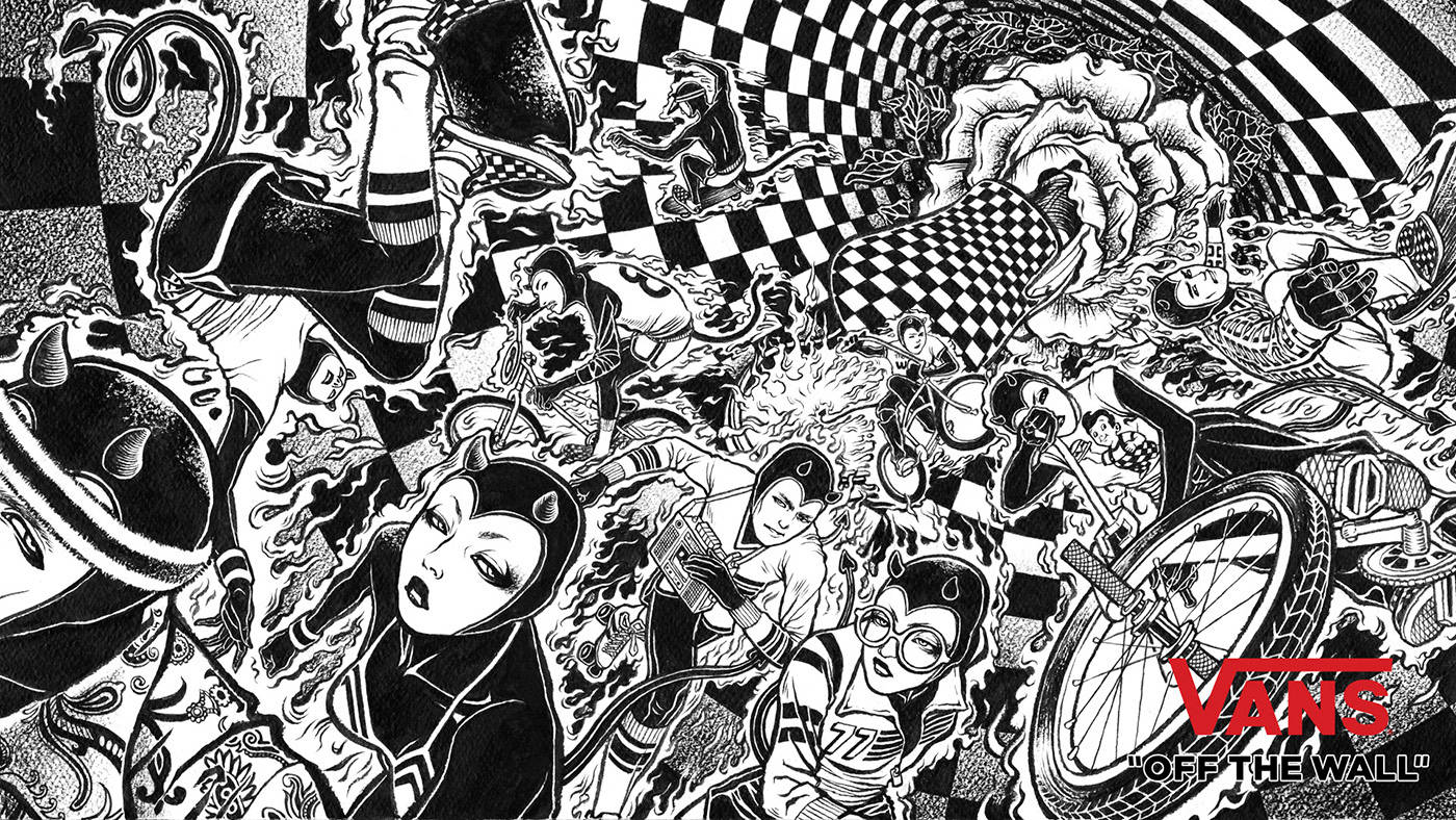 Vans Off The Wall 標誌被混亂的黑白滑板者和玫瑰插圖包圍。