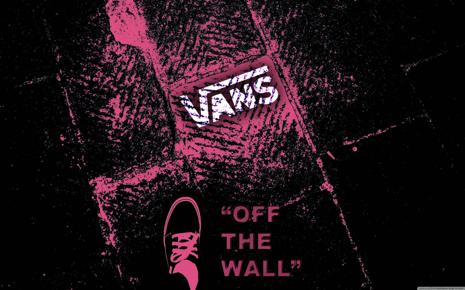 Vans 標誌和運動鞋圖標以粉紅色塗鴉風格呈現在黑色背景上。