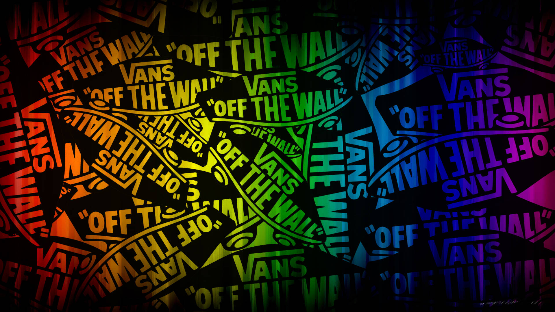 Vans Off The Wall 標誌在深色背景上以彩虹漸變文字重複。