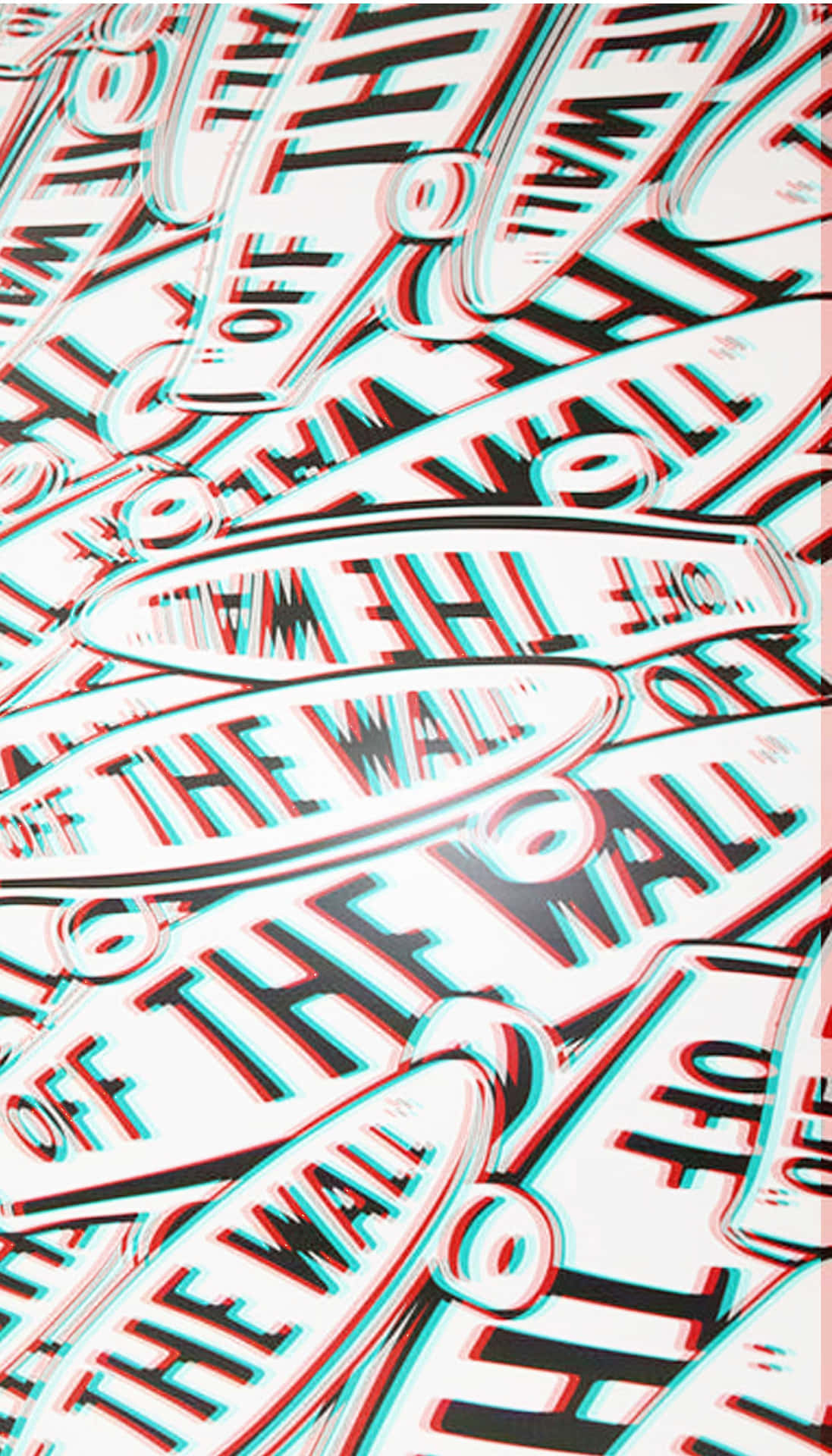 以紅青色偏移的3D立體錯視風格重複的「Off The Wall」標誌。 — 滑板 壁紙