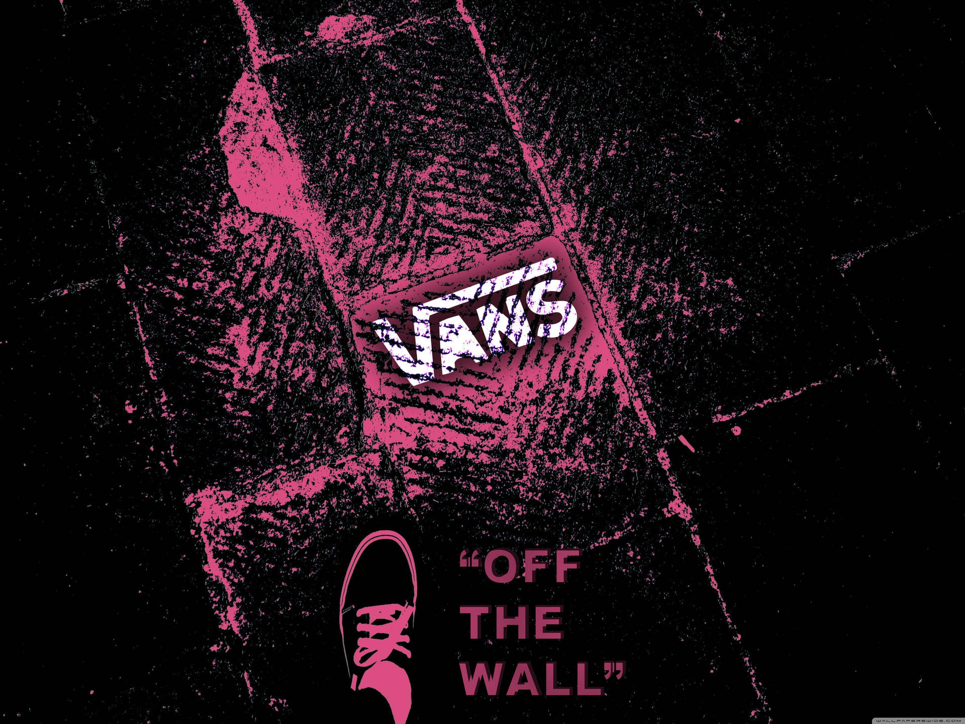 粉紅色Vans標誌和運動鞋圖案在黑色背景上，帶有off the wall文字。