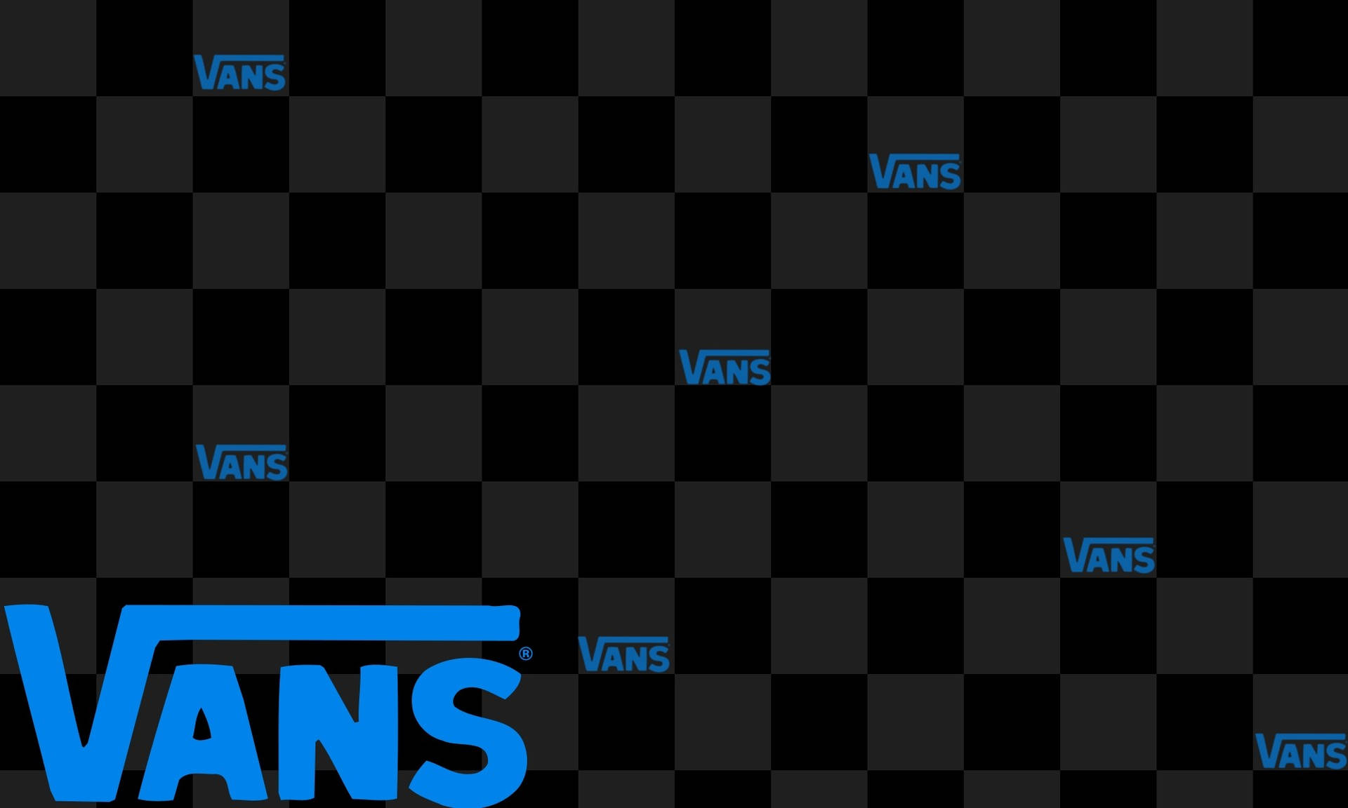 黑色和深灰色棋盤格圖案上的藍色Vans標誌。