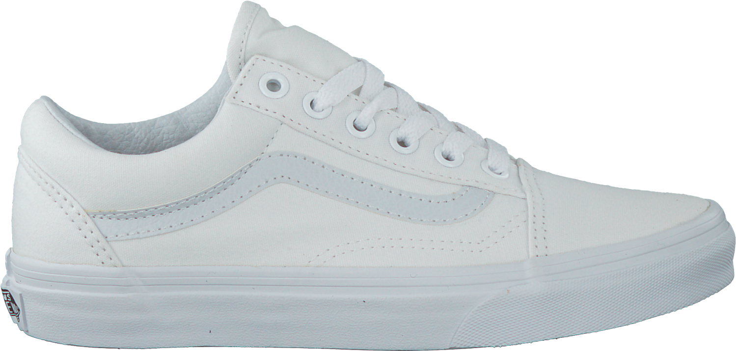 白色Vans Old Skool運動鞋 壁紙 — 一雙純白色的Vans Old Skool運動鞋，側面展示在純黑色背景前。