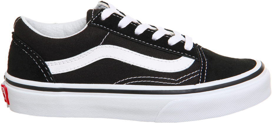 黑白Vans Old Skool運動鞋 壁紙 — 經典黑白 Vans Old Skool 運動鞋，配有白色鞋帶和紅色標籤，背景透明。