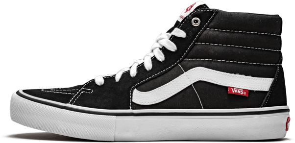 黑白Vans Sk8-Hi運動鞋 壁紙 — 一雙時尚的黑色高筒Vans運動鞋，配有白色鞋帶和標誌性側條紋，在純黑色背景上脫穎而出。