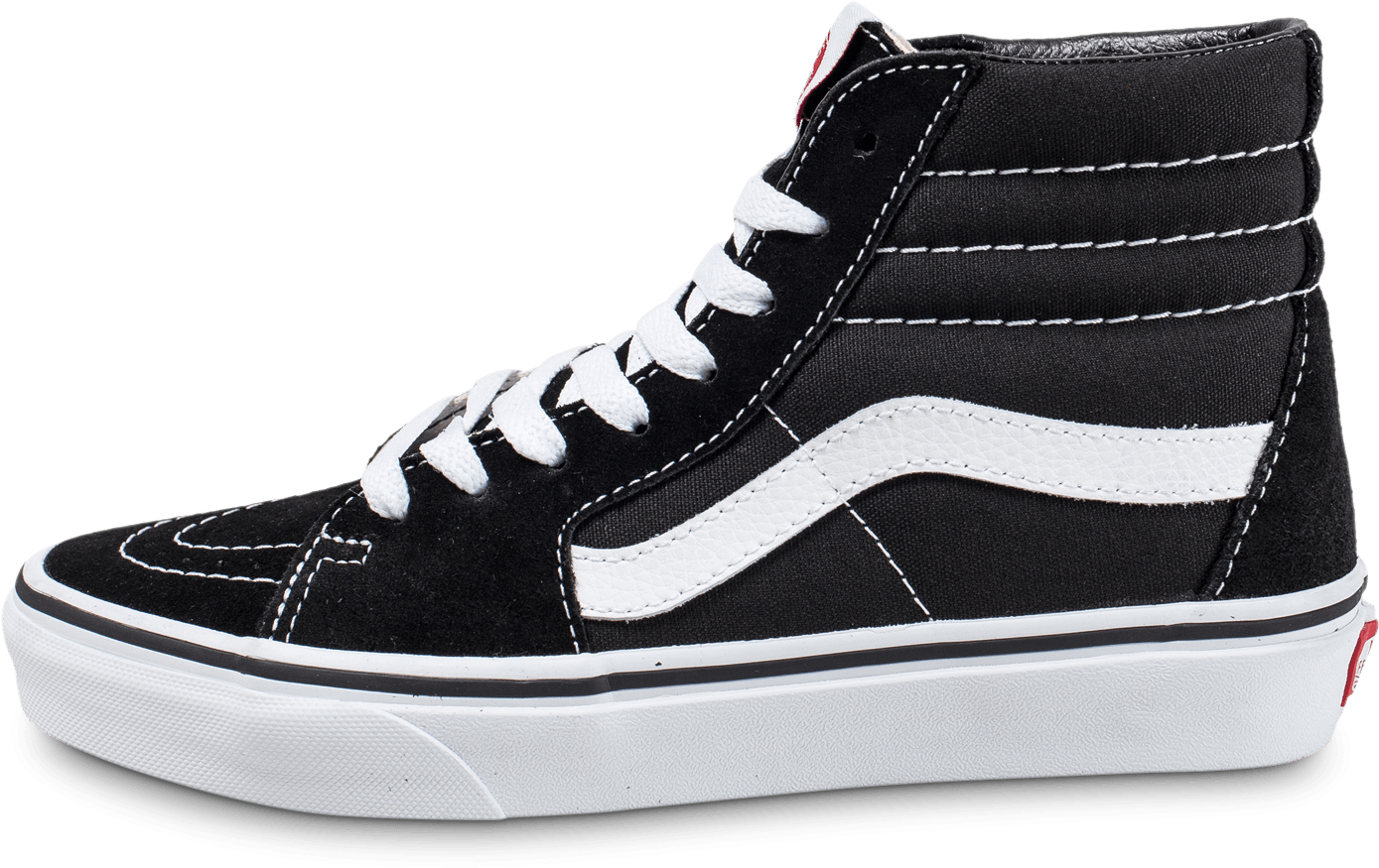 黑色Vans Sk8 Hi運動鞋 壁紙 — 一雙時尚的黑色高筒運動鞋，配有白色鞋帶和標誌性側條紋，在純黑色背景下脫穎而出。
