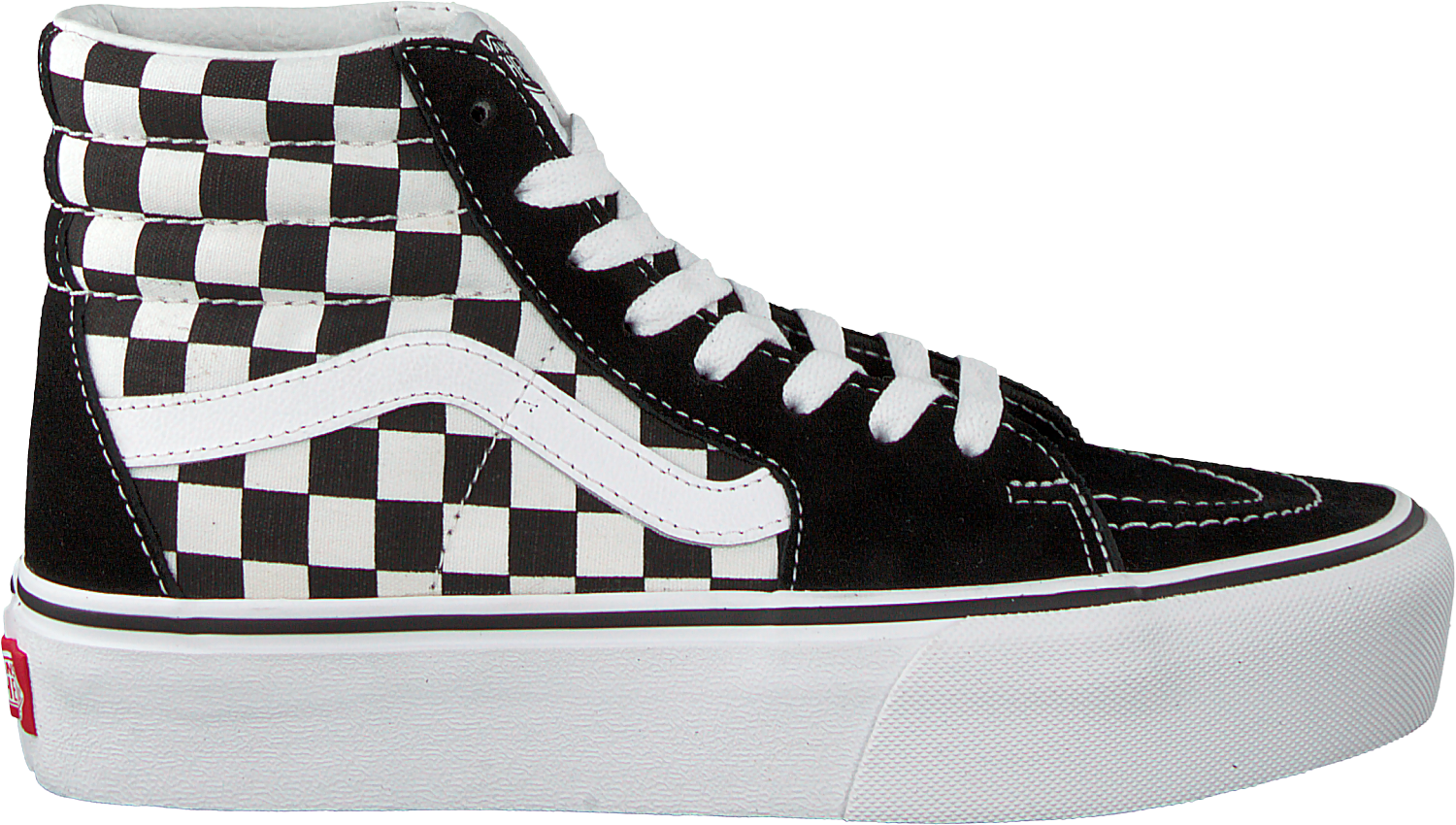 經典黑白格紋Vans Sk8-Hi滑板高筒鞋 壁紙 — 一對高筒Vans運動鞋，帶有黑白棋盤格圖案，背景為純黑色。