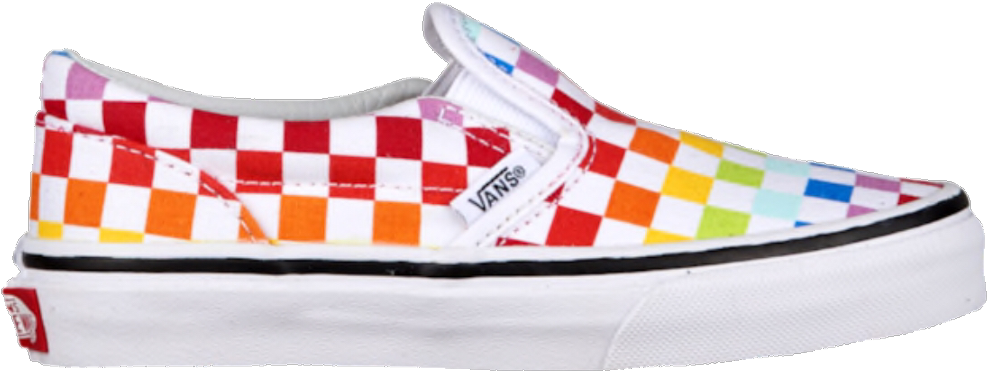 彩色格紋Vans Slip On鞋 壁紙 — 色彩繽紛的彩虹格仔Vans slip-on運動鞋，白色鞋底和黑色條紋，透明背景。