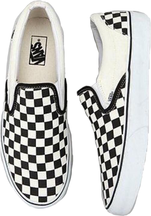 經典棋盤圖案Vans Slip-On鞋 壁紙 — 兩對白色 slip-on 運動鞋，帶經典黑白棋盤格圖案，顯示在透明背景上。