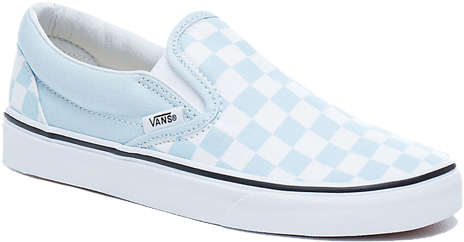 淺藍格紋Vans Slip On鞋 壁紙 — 一雙淺藍色和白色棋盤格Vans slip-on運動鞋，白色鞋底和黑色飾邊，在工作室燈光下展示。