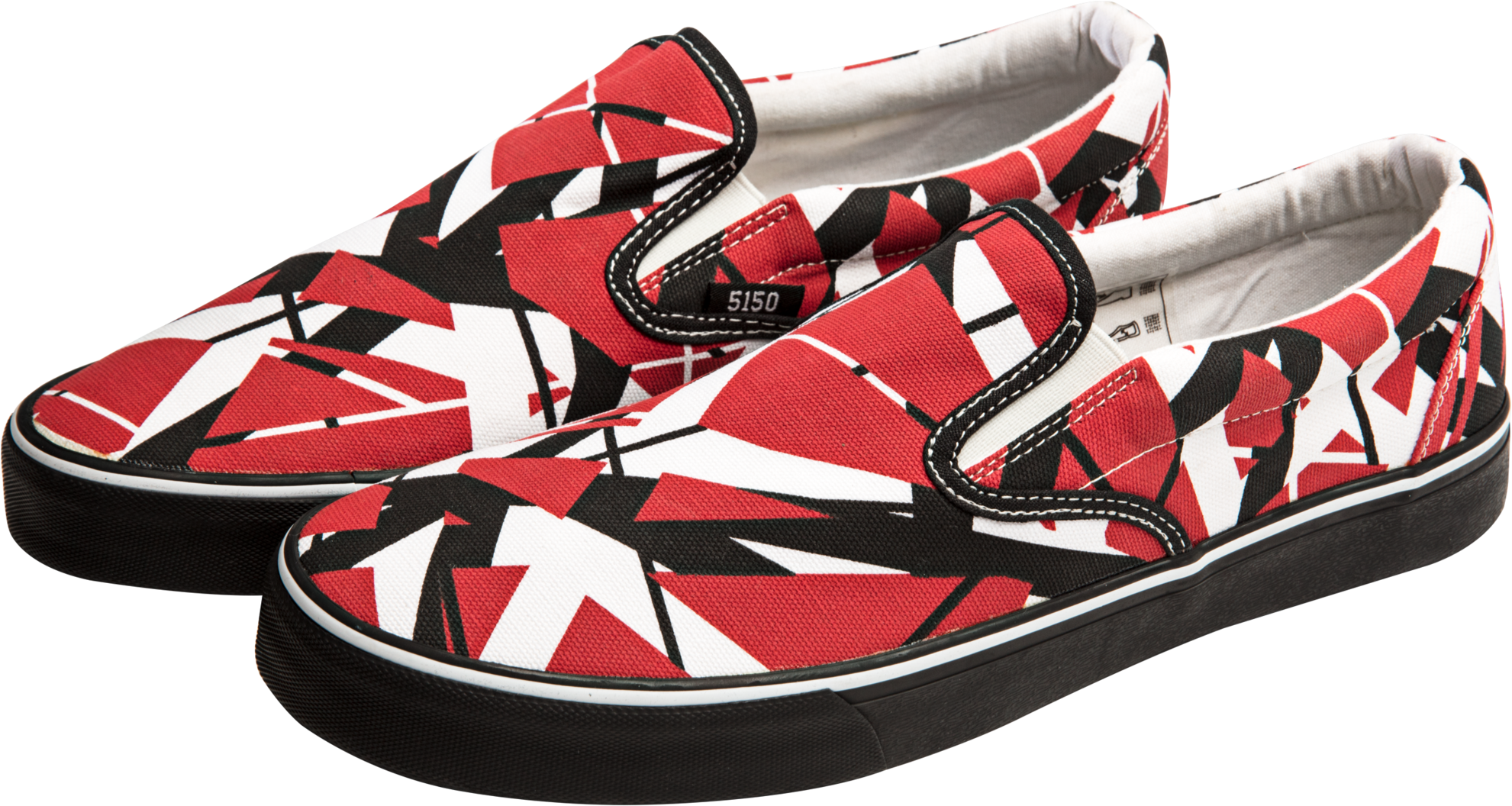 紅黑抽象圖案Vans Slip-On鞋款 壁紙 — 一對紅黑白色幾何圖案 slip-on 運動鞋，黑色橡膠鞋底，白色縫線。