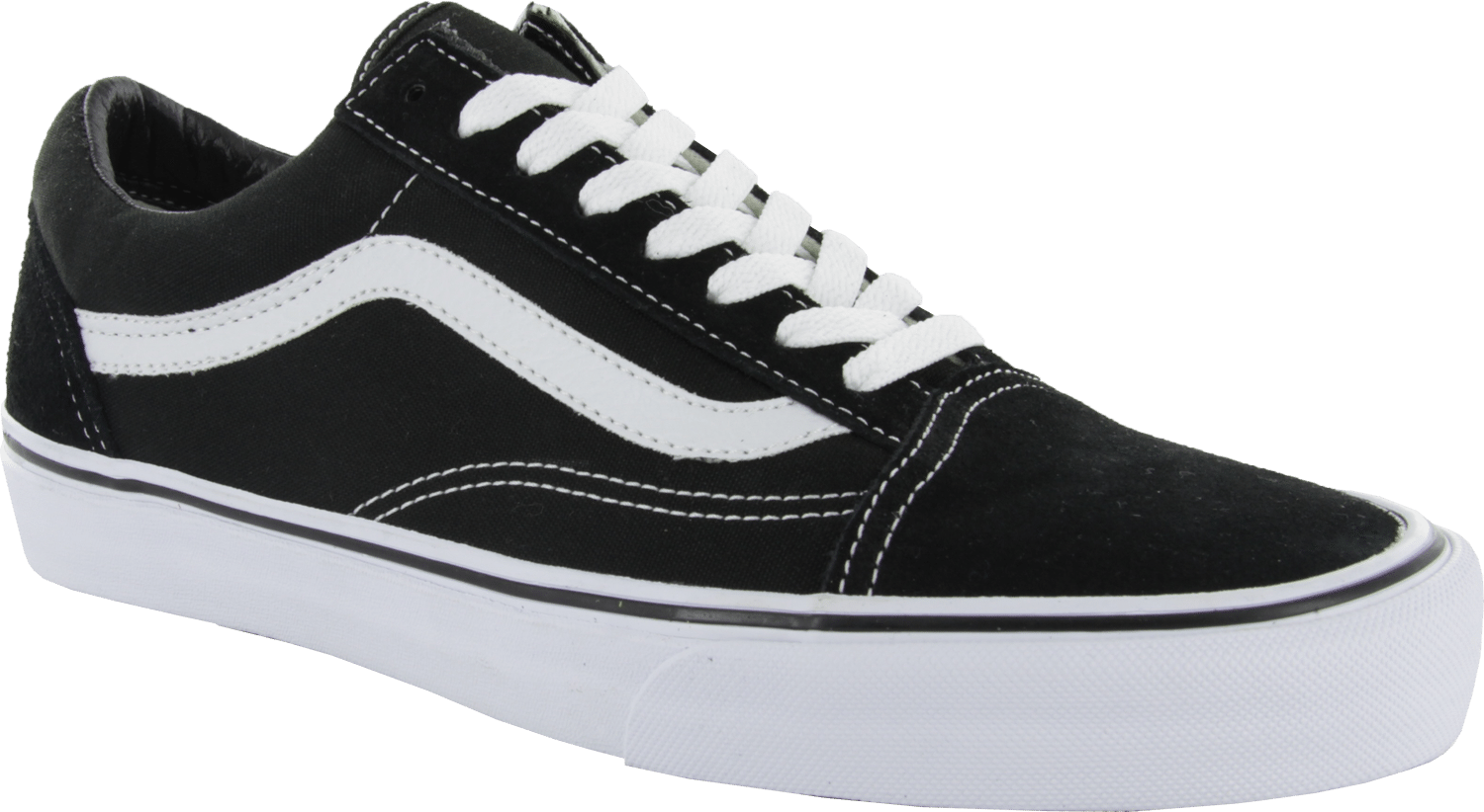 經典黑色 Vans 運動鞋 壁紙 — 經典黑色麂皮Vans Old Skool運動鞋，配白色鞋帶和條紋，背景為柔和青綠色。