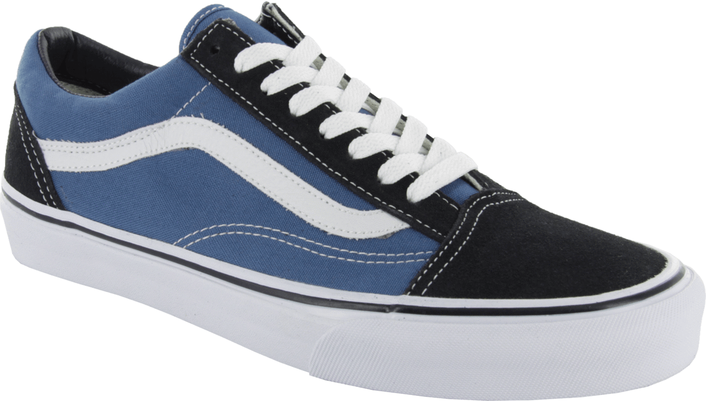 經典藍色 Vans 滑板鞋 壁紙 — 經典藍黑Vans Old Skool運動鞋，配白色鞋帶和條紋，背景透明。