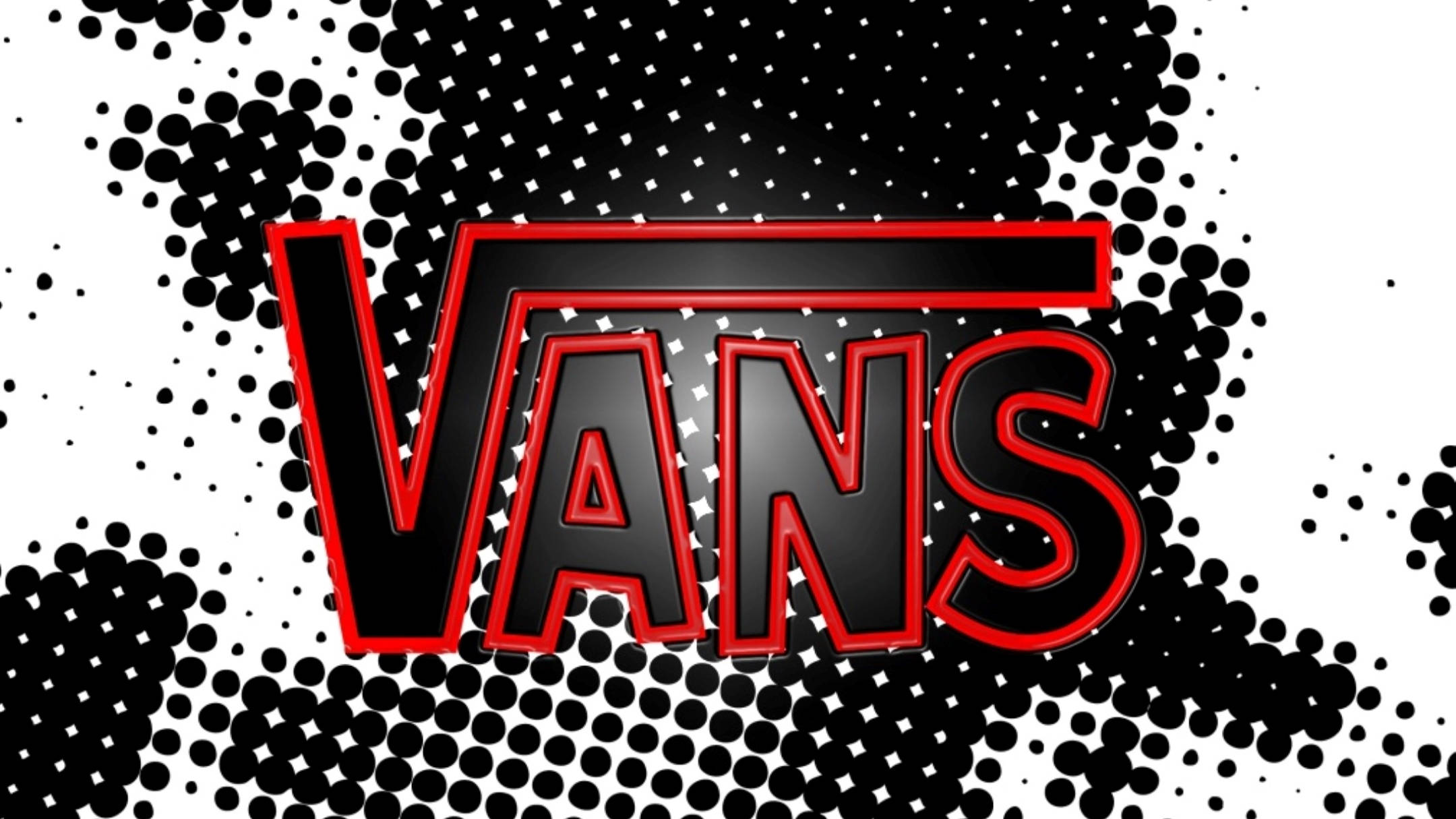 皮革質感 Vans 標誌 壁紙 — 粗體紅色外框VANS標誌置中於黑白半色調背景上，帶有放射狀圓點圖案。
