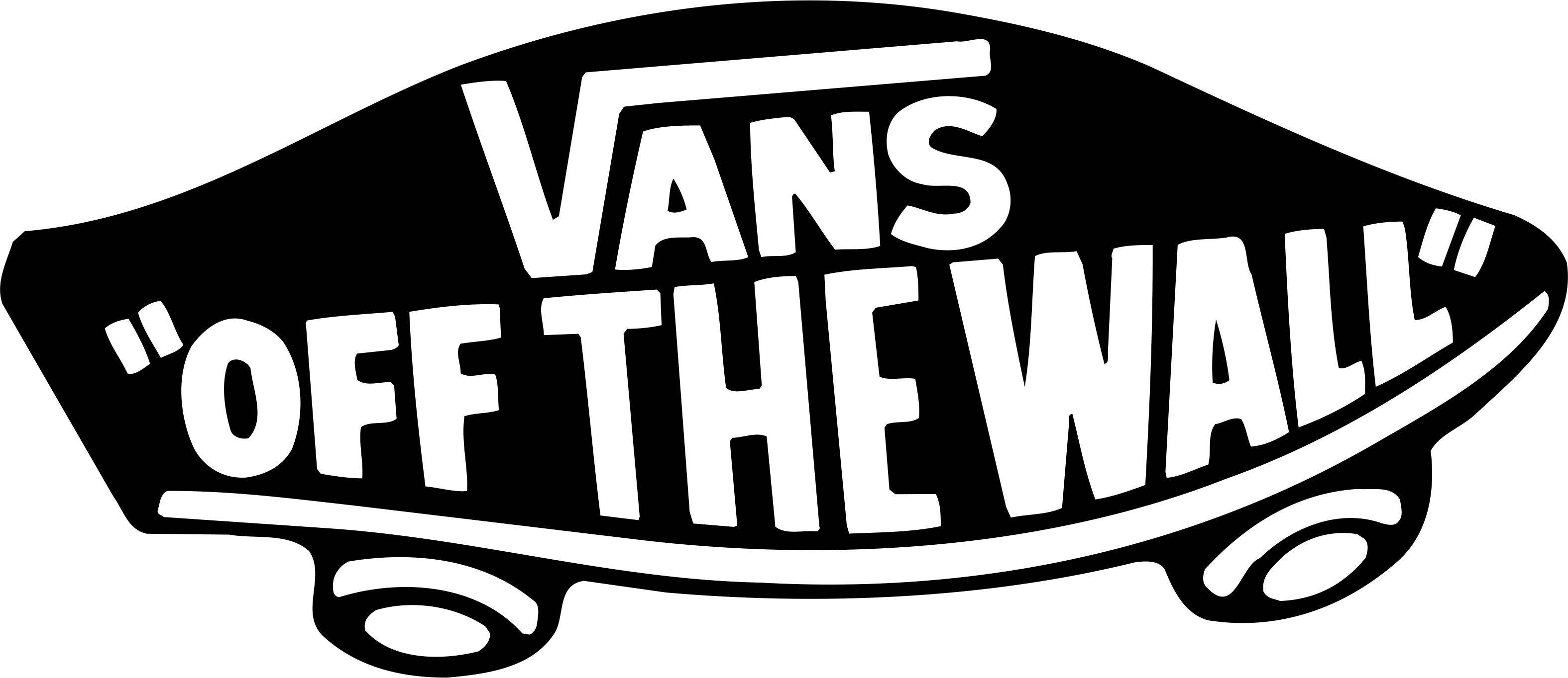 Vans 標誌 Off The Wall 壁紙 — 大膽的黑白Vans Off The Wall標誌，形狀像滑板，帶有粗體輪廓文字。