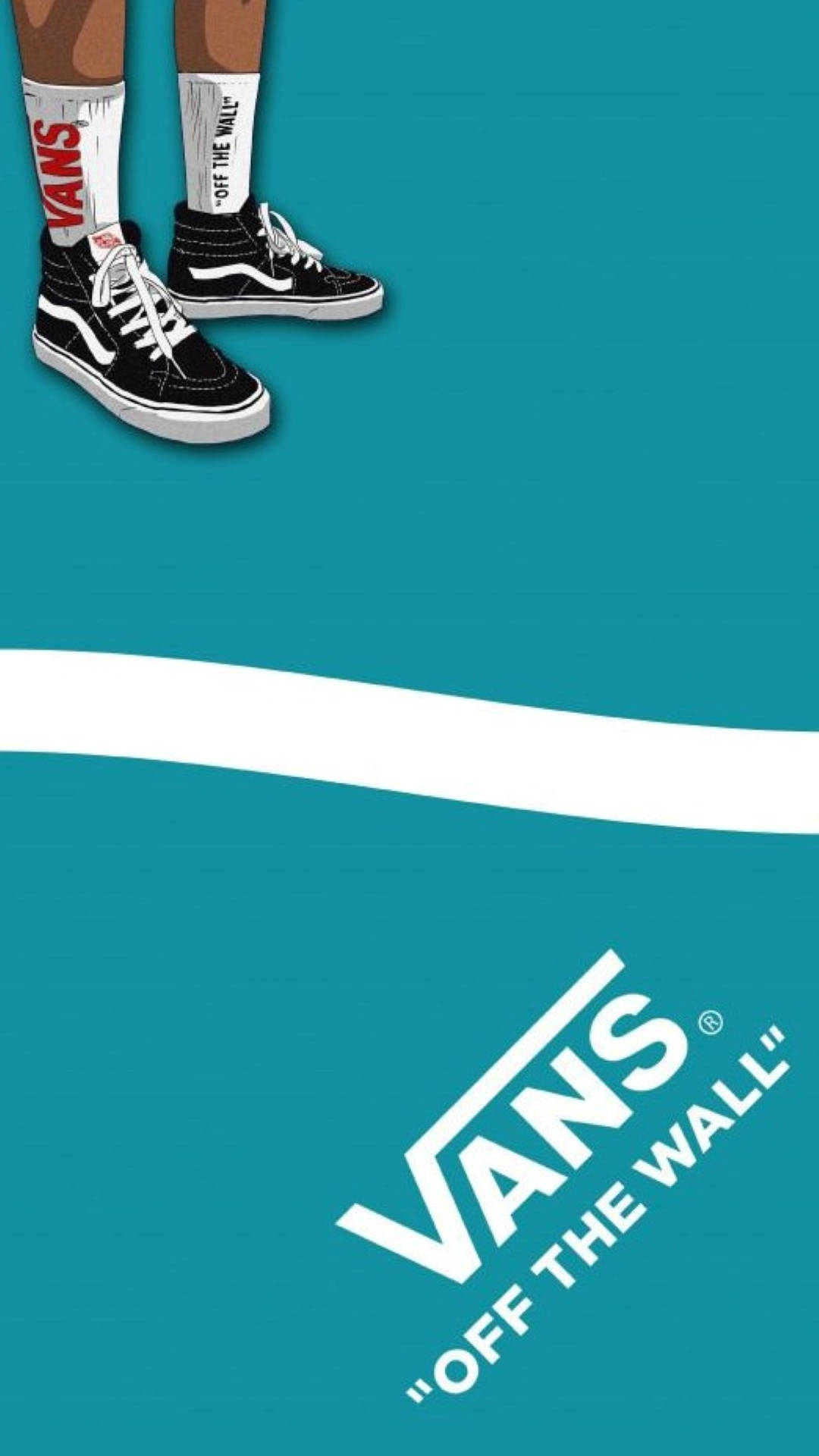 腳穿黑色Vans運動鞋和品牌襪子，青綠色背景上有Vans標誌。