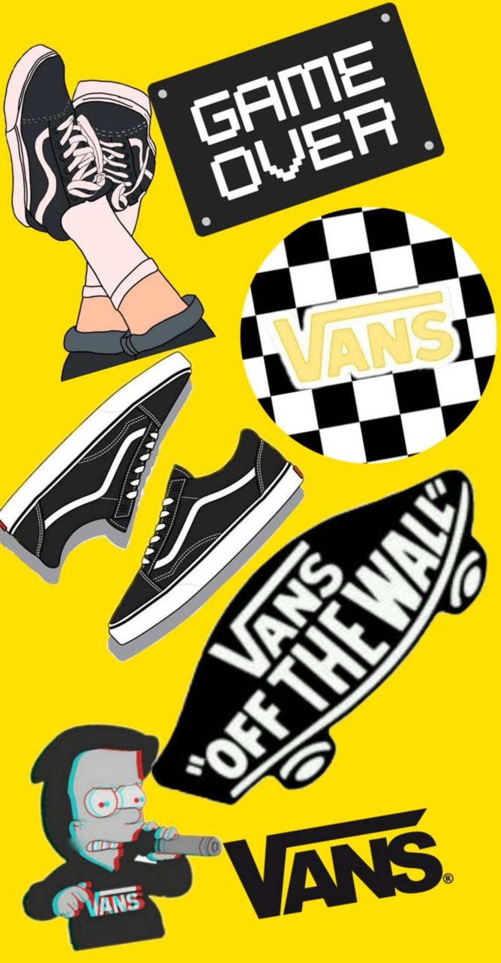 Vans 標誌 黑黃藝術 壁紙 — 充滿活力的黃色背景，Vans 滑板鞋、格仔標誌、遊戲結束標誌和拿著咪高峰的荷馬·辛普森。