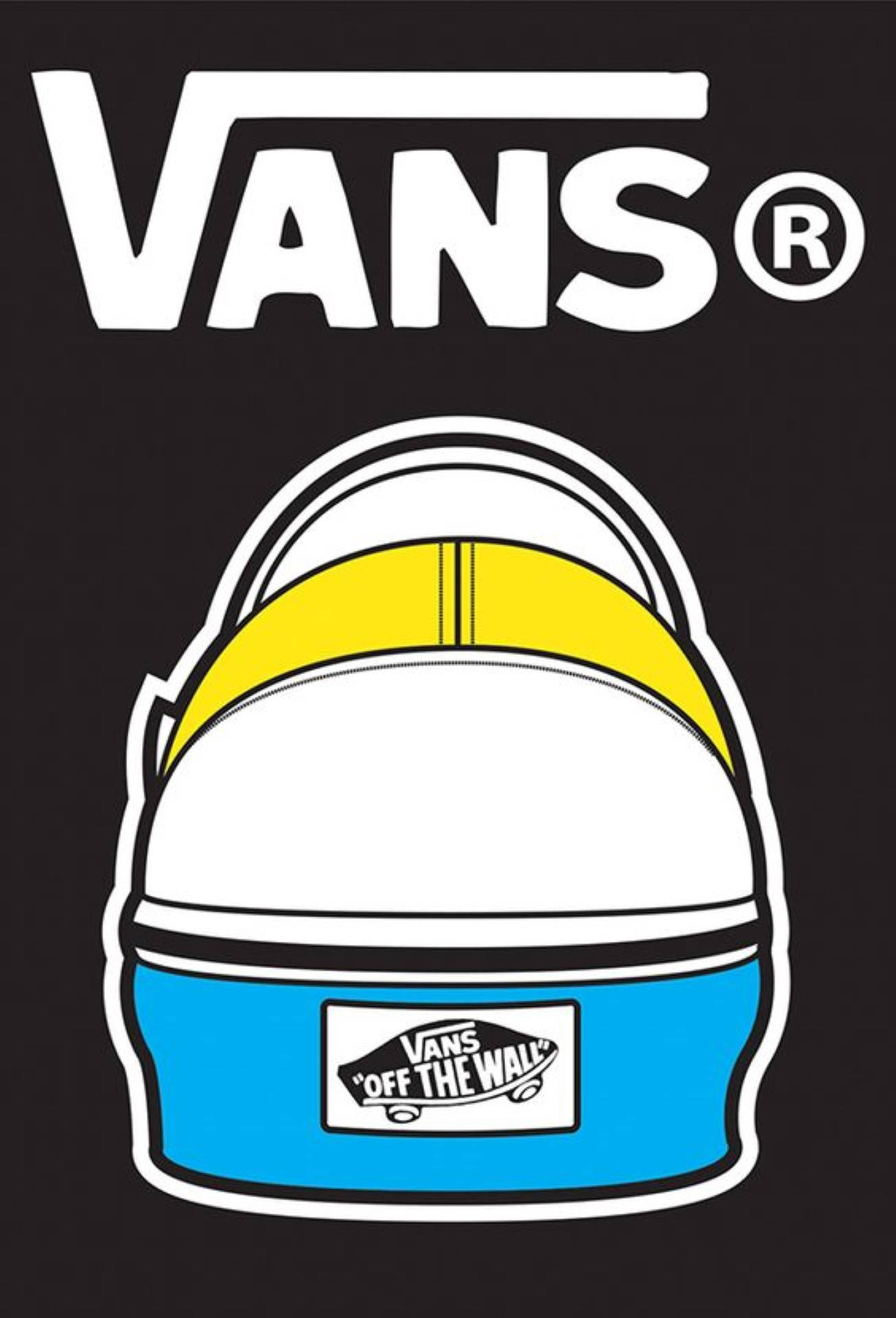 Vans背包圖形，帶有黃色、白色和藍色部分及Off The Wall標誌。