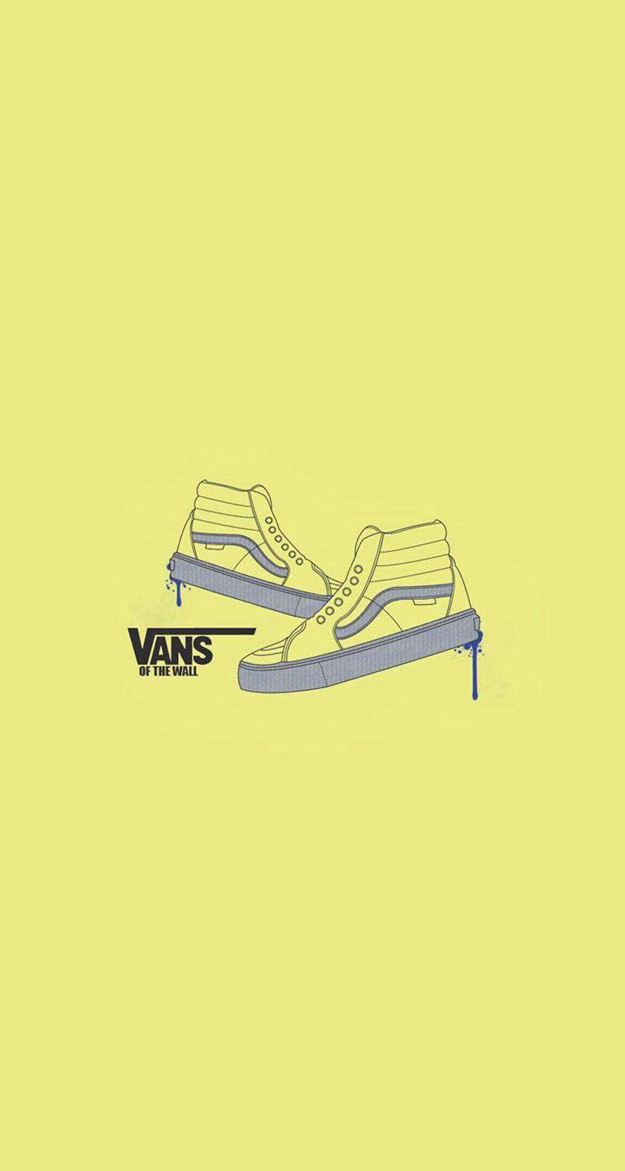 Vans黃灰卡通鞋 壁紙 — 在純黃色背景上，帶有滴落油漆的Vans運動鞋的極簡線條藝術插圖。