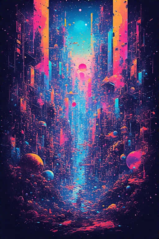 未來主義峽谷，發光的摩天大樓和漂浮的行星在星空下