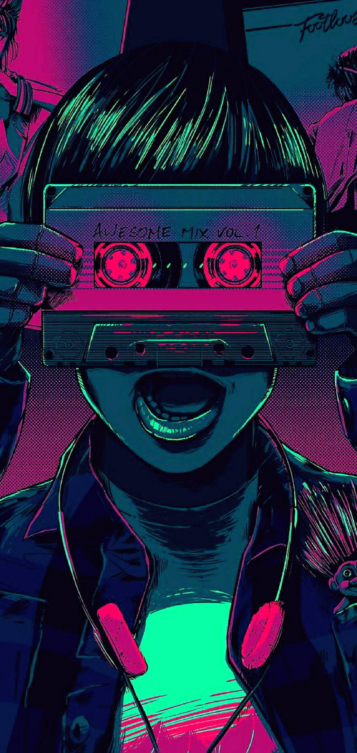 標題：Vaporwave 設計的復古光輝 壁紙 — 一個風格化的人物在充滿活力的霓虹背景前，將一個標有 Awesome Mix Vol 1 的發光卡式帶舉在臉前。