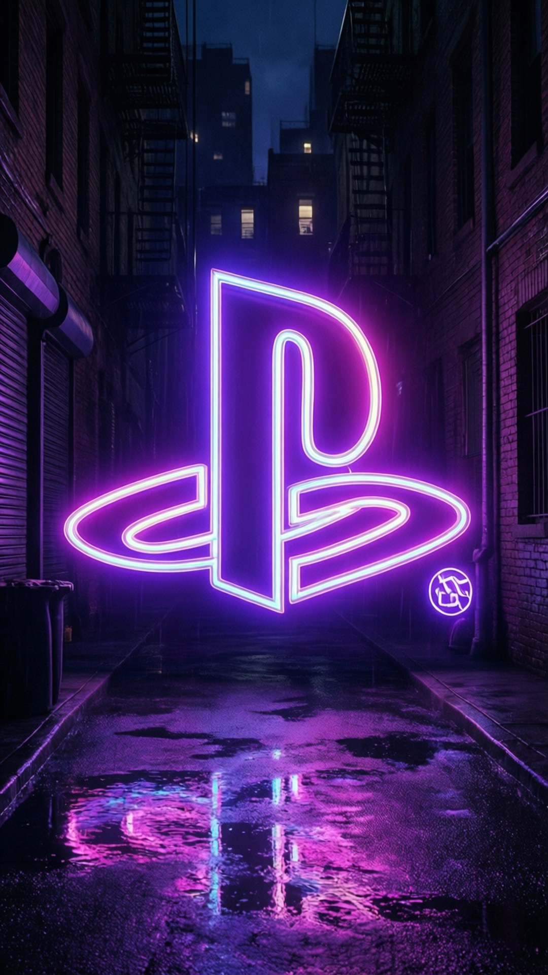 在黑暗潮濕的城市小巷中，一個明亮的紫色和藍色PlayStation標誌霓虹燈牌。