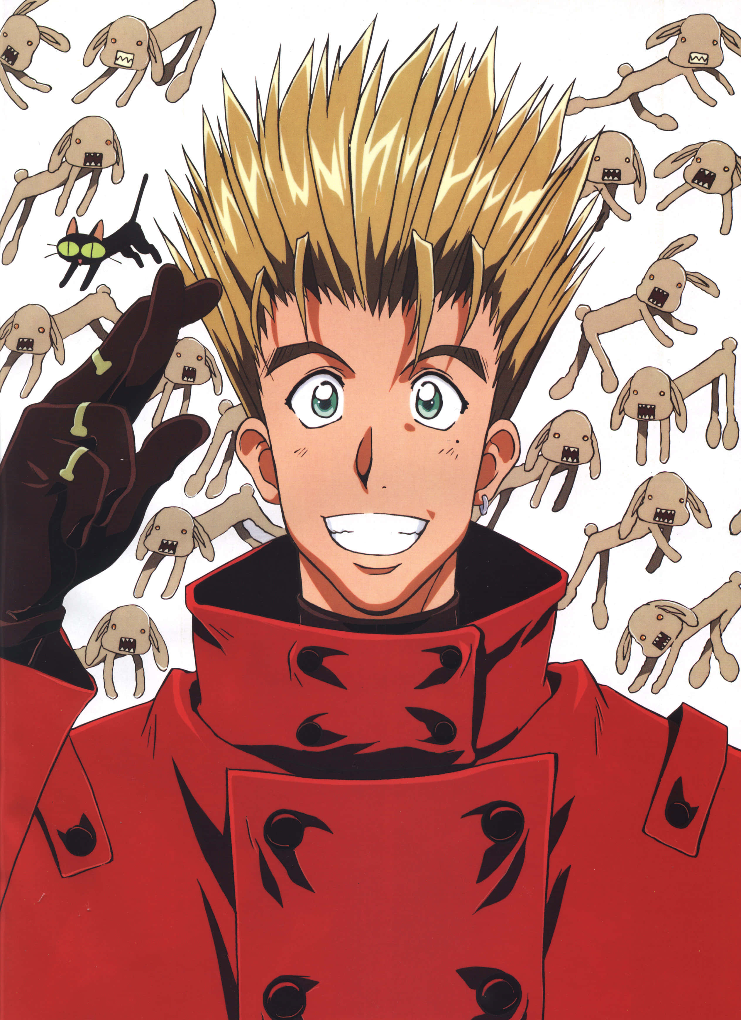 Vash The Stampede 站立於荒蕪大地，手持左輪手槍 壁紙 — 一個開朗的動漫男孩，有著尖刺金髮和綠色眼睛，穿著紅色外套，周圍環繞著漂浮的卡通狗和一隻黑貓。