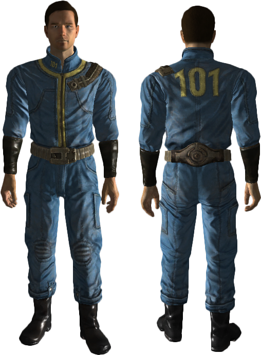 Vault 101 跳躍式連身衣正反面 壁紙 — 男性角色穿著藍色Vault連身衣，黃色飾邊，背面有101號碼的前後視圖。
