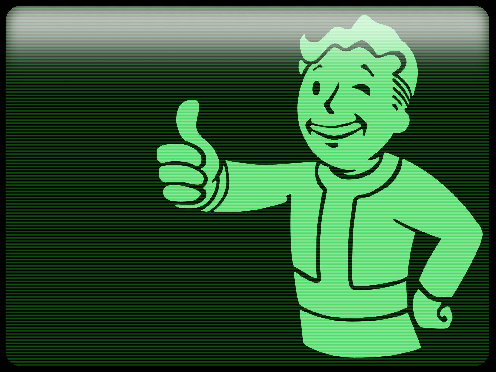 Vault Boy，輻射官方吉祥物 壁紙 — 一個發光的綠色Vault Boy吉祥物在深綠色條紋背景上愉快地豎起大拇指。