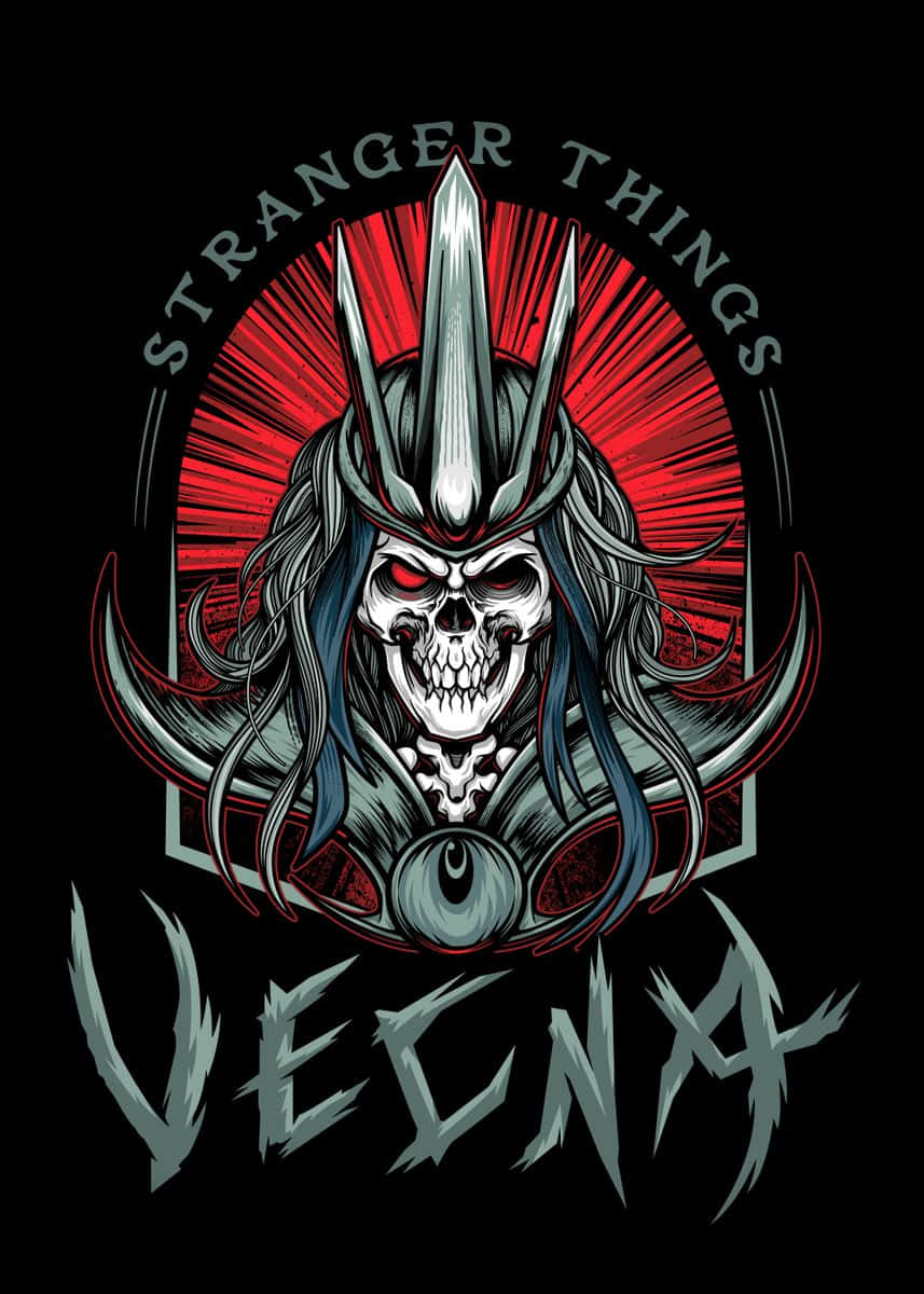 《怪奇物語》Vecna 骨骼肖像藝術 壁紙 — 一個帶有發光紅眼和尖刺頭盔的威脅性頭骨，在紅色爆發背景上散發光芒，並帶有「Stranger Things」和「Vecna」文字。