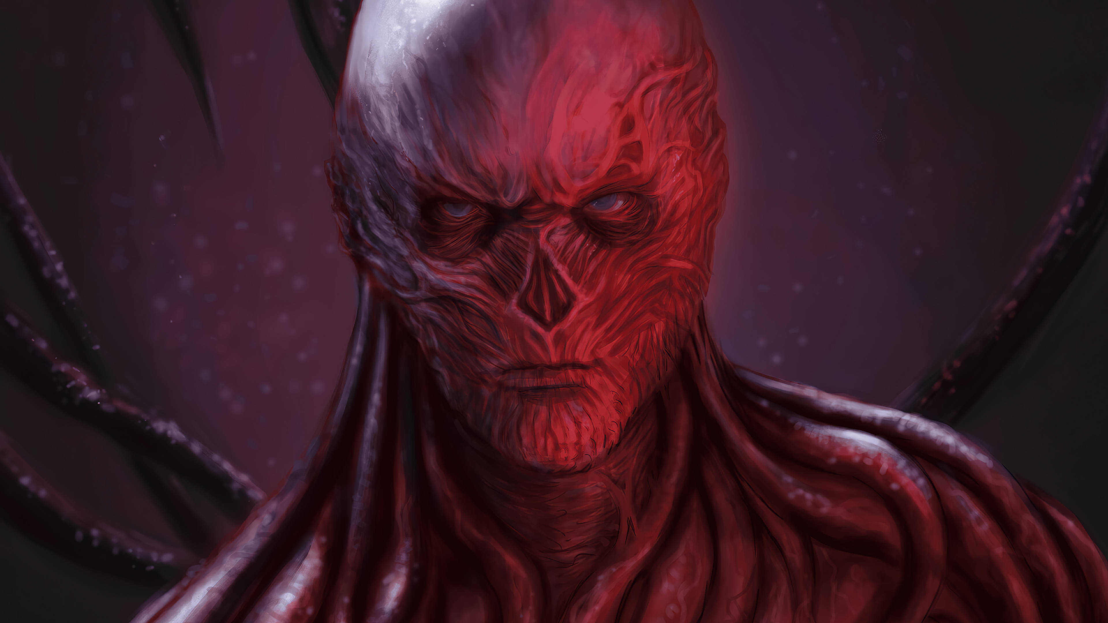 《怪奇物語》Vecna 畫像 4K 壁紙 — 一個帶有發光眼睛和黑暗觸手的威脅性紅皮膚惡魔般的身影，在繁星點點的宇宙背景下隱約出現。