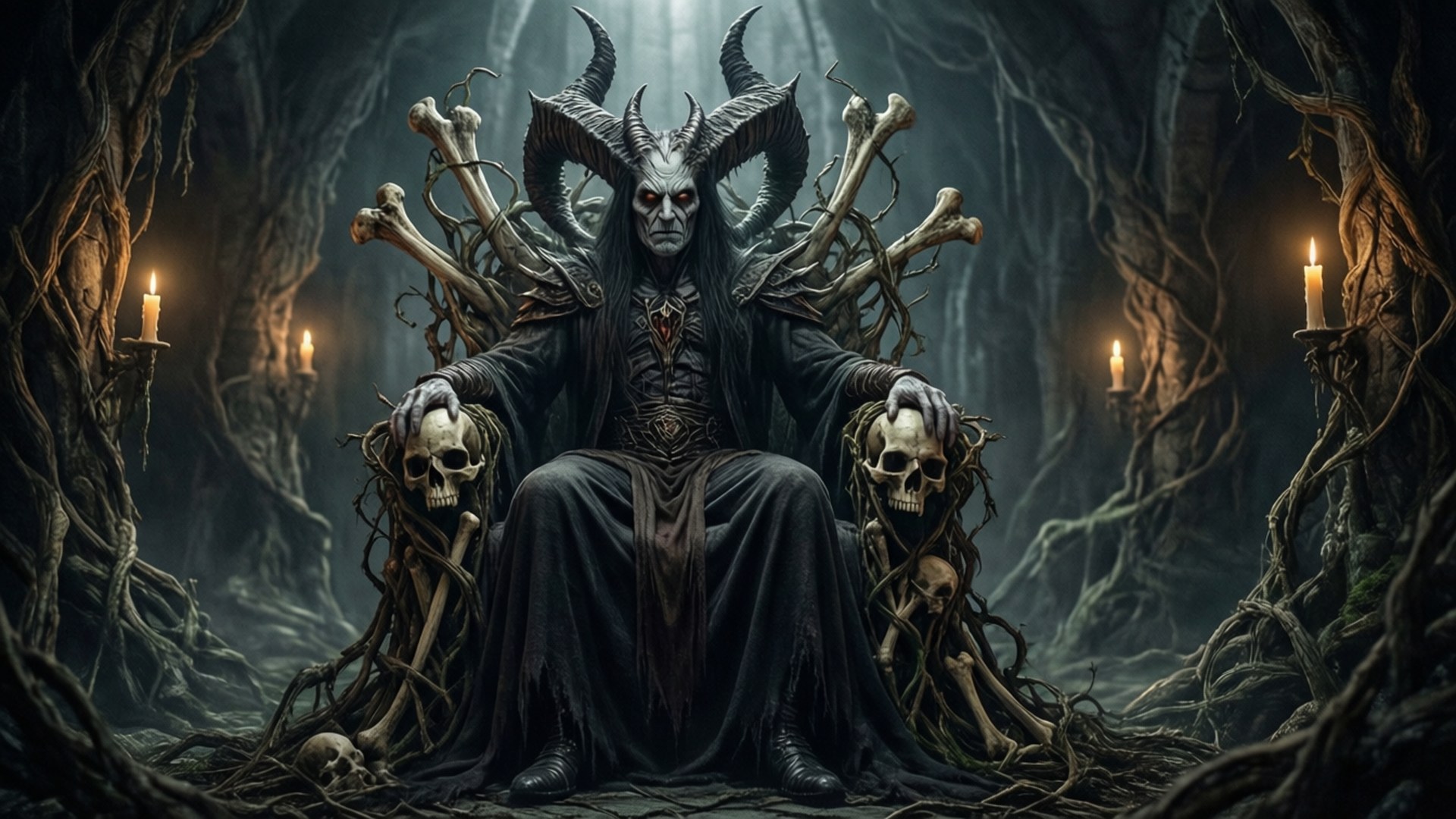 一個有角和骷髏手的惡魔形像，坐在黑暗森林中蠟燭旁的王座上。
