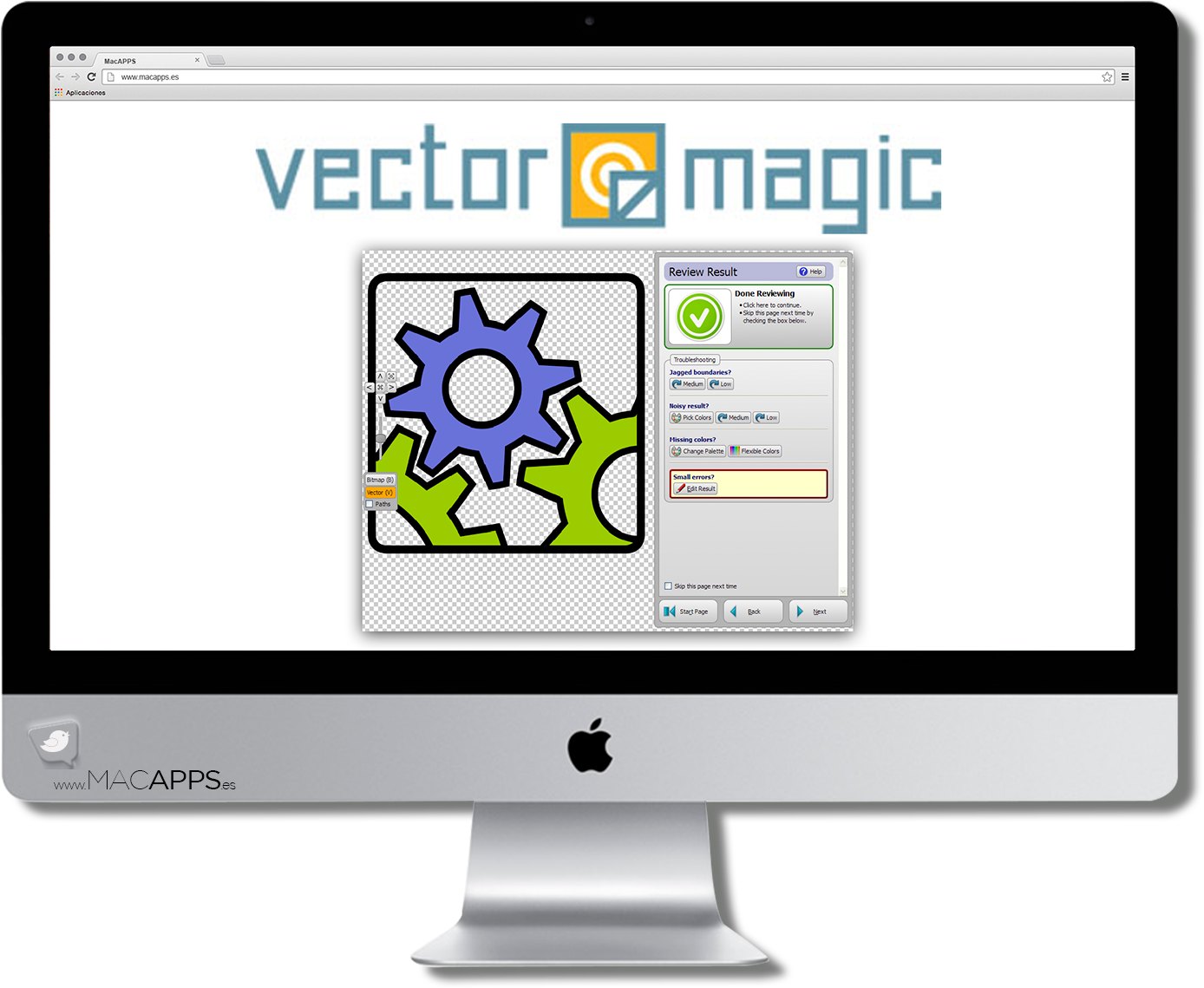Vector Magic 桌面應用程式截圖 壁紙 — 一部 iMac 顯示 Vector Magic 軟件界面，展示藍色齒輪和綠色葉片圖形以及審查結果面板。
