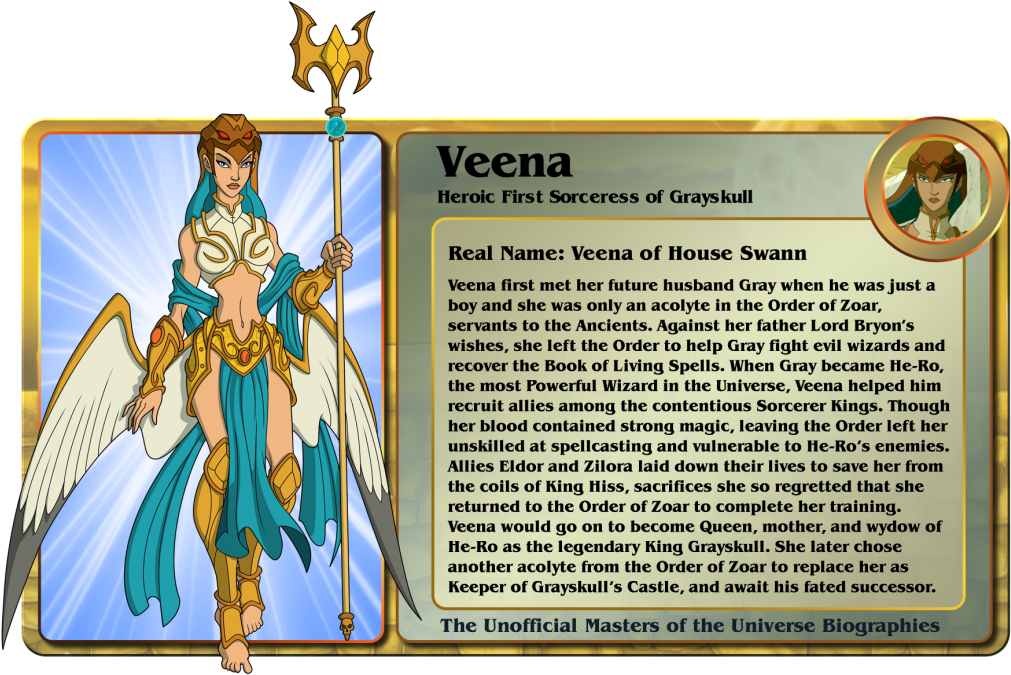 《宇宙戰士》Veena角色卡 壁紙 — 一位擁有白色翅膀和金色盔甲的女英雄魔法師，站在燦爛的藍色背景前，手持三叉戟。