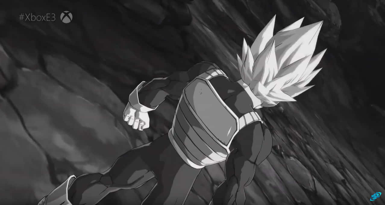 悟空與 Vegeta 拳頭僵持 壁紙 — 一個刺蝟頭動漫戰士穿著盔甲，在單色調的黑暗岩石峽谷中奔跑。