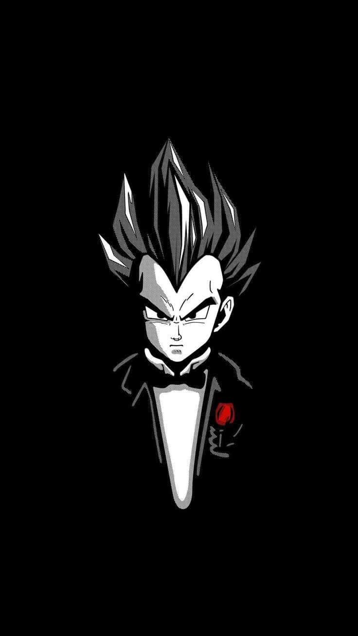 Vegeta —— 象徵力量的傳奇 壁紙 — 一個風格化的動漫角色，有著尖刺頭髮和憤怒的眼神，穿著燕尾服，翻領上別著一朵紅玫瑰，背景為黑色。