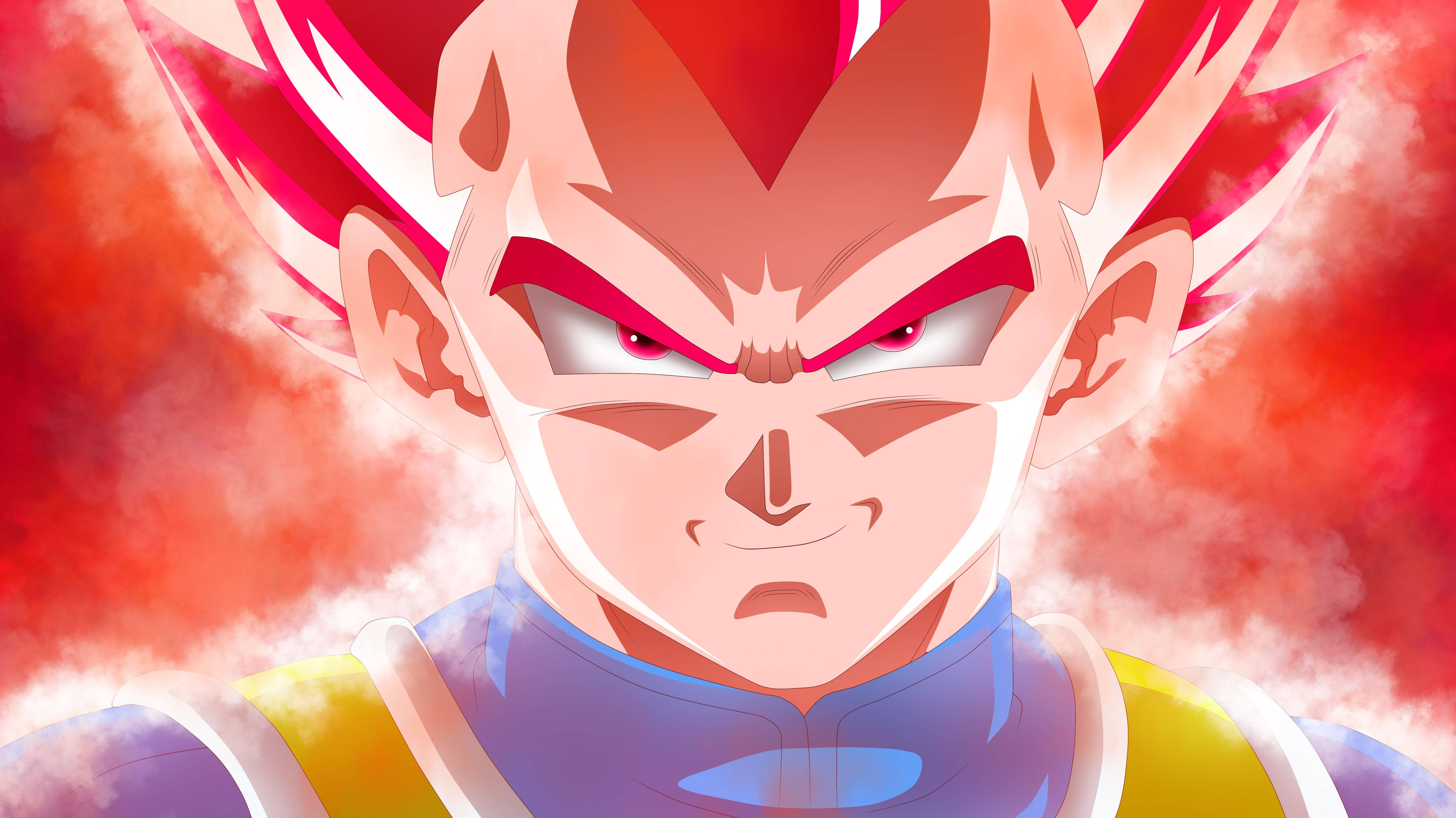 Vegeta - 感受賽亞王的力量！ 壁紙 — 一個兇猛的動漫戰士，有著尖刺的紅髮和發光的眼睛，在火紅和橙色的雲層背景下強烈地凝視。